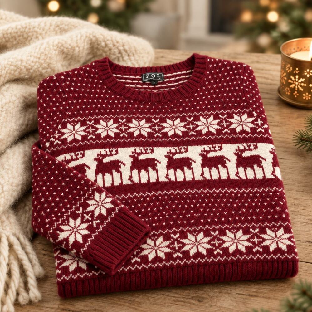 POL Clothing Women's Large Burgundy Cream Reindeer Snowflake Christmas Sweater